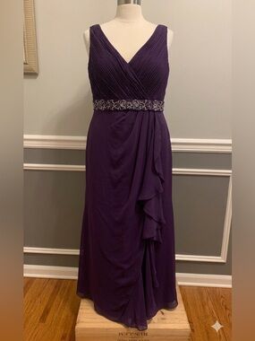 Deep Purple Chiffon Long Formal Dress w/ Scarf & Bead Embellished Belt Size 18